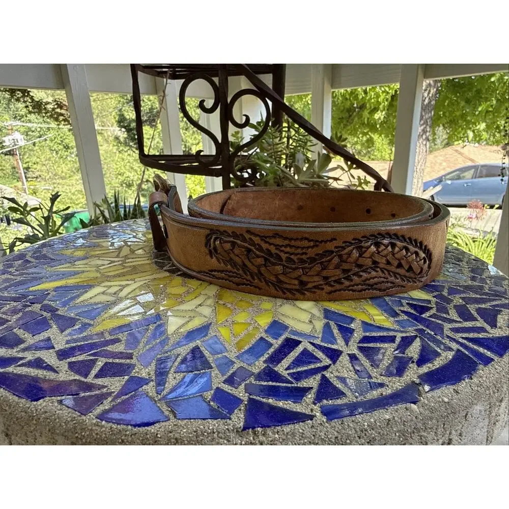 Vintage Hand-Tooled Leather Belt Eagle Motif Braided Western Artisan Crafted 38
